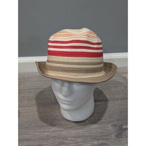 Calvin Klein Women's Striped Fedora Straw Hat Tan Red Orange Summer Lightweight